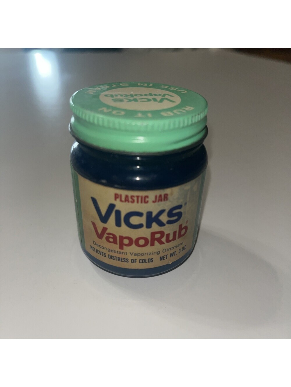 Vintage Vicks VapoRub 3 oz Cobalt Blue Plastic Jar Green Metal Lid